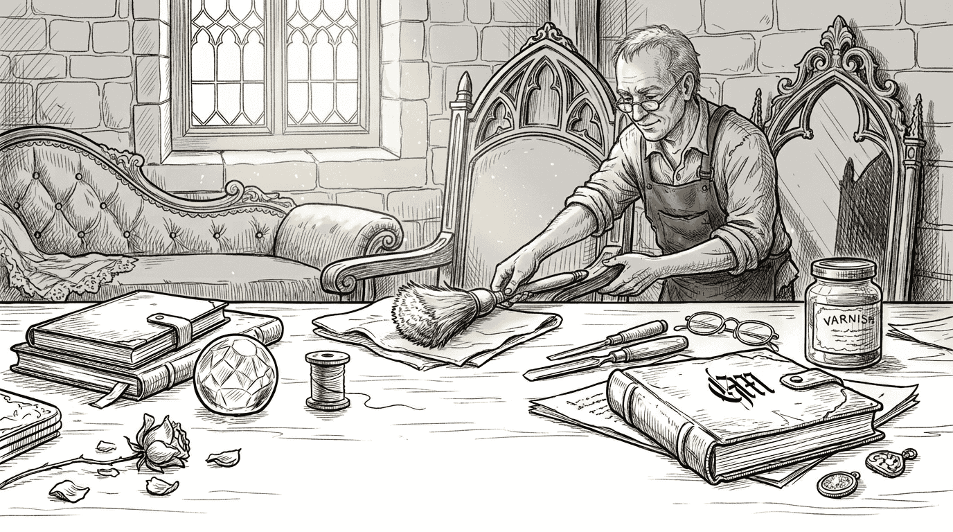 Craftsman cleaning elaborate gothic furniture piece