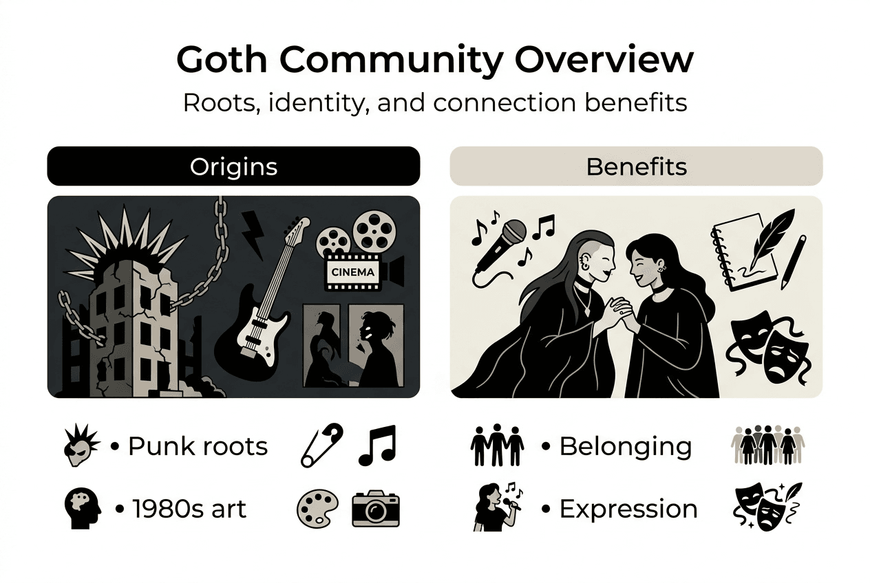 Infographic showing goth community origins and benefits
