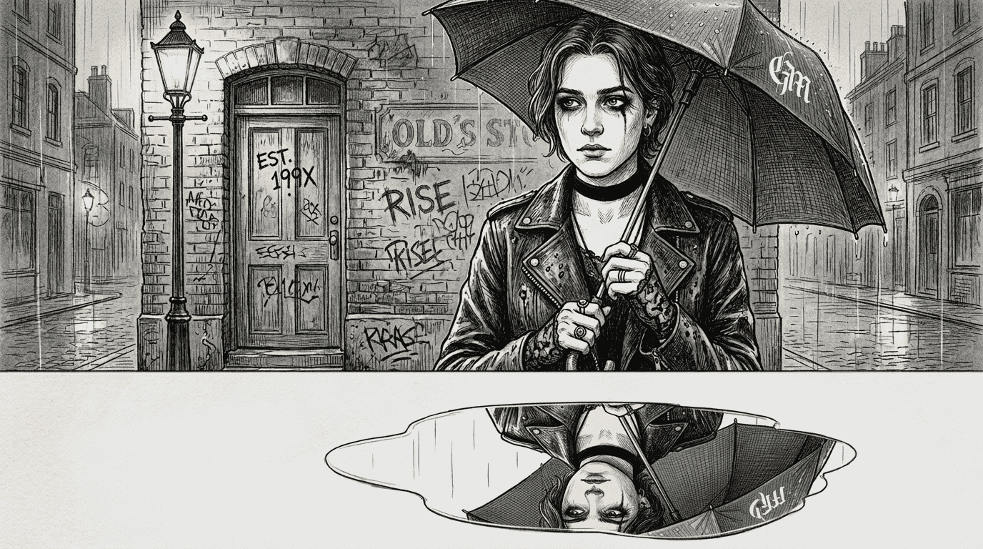Person in goth fashion on rainy city street