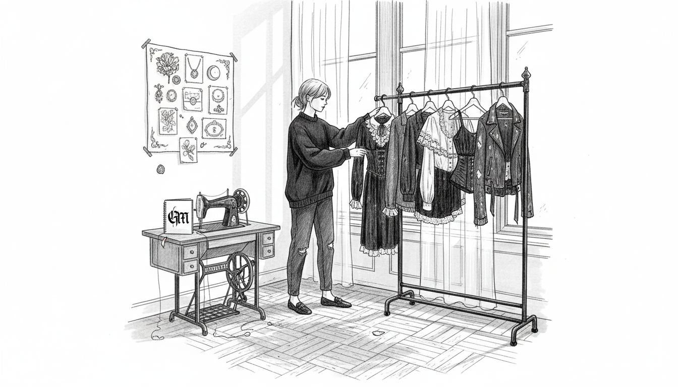 Designer arranging romantic gothic style clothing