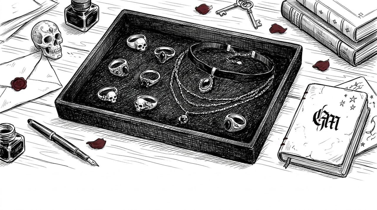 Hands arranging gothic jewelry and accessories