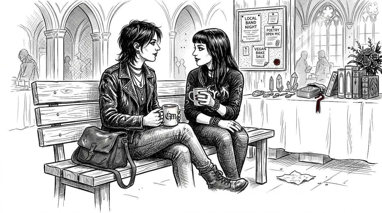 Friends socializing at goth market bench