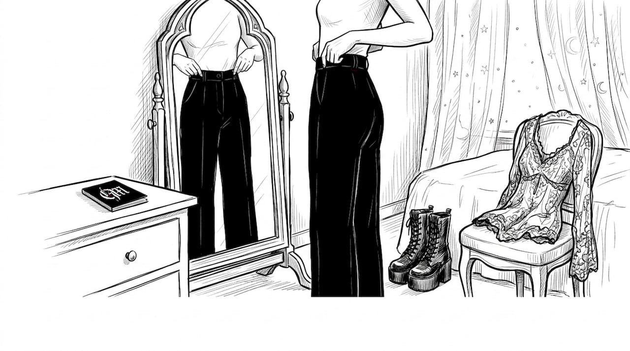 Person fitting black gothic trousers in bedroom