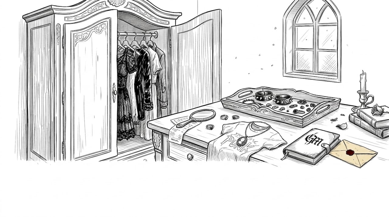 Man choosing layered gothic accessories by wardrobe