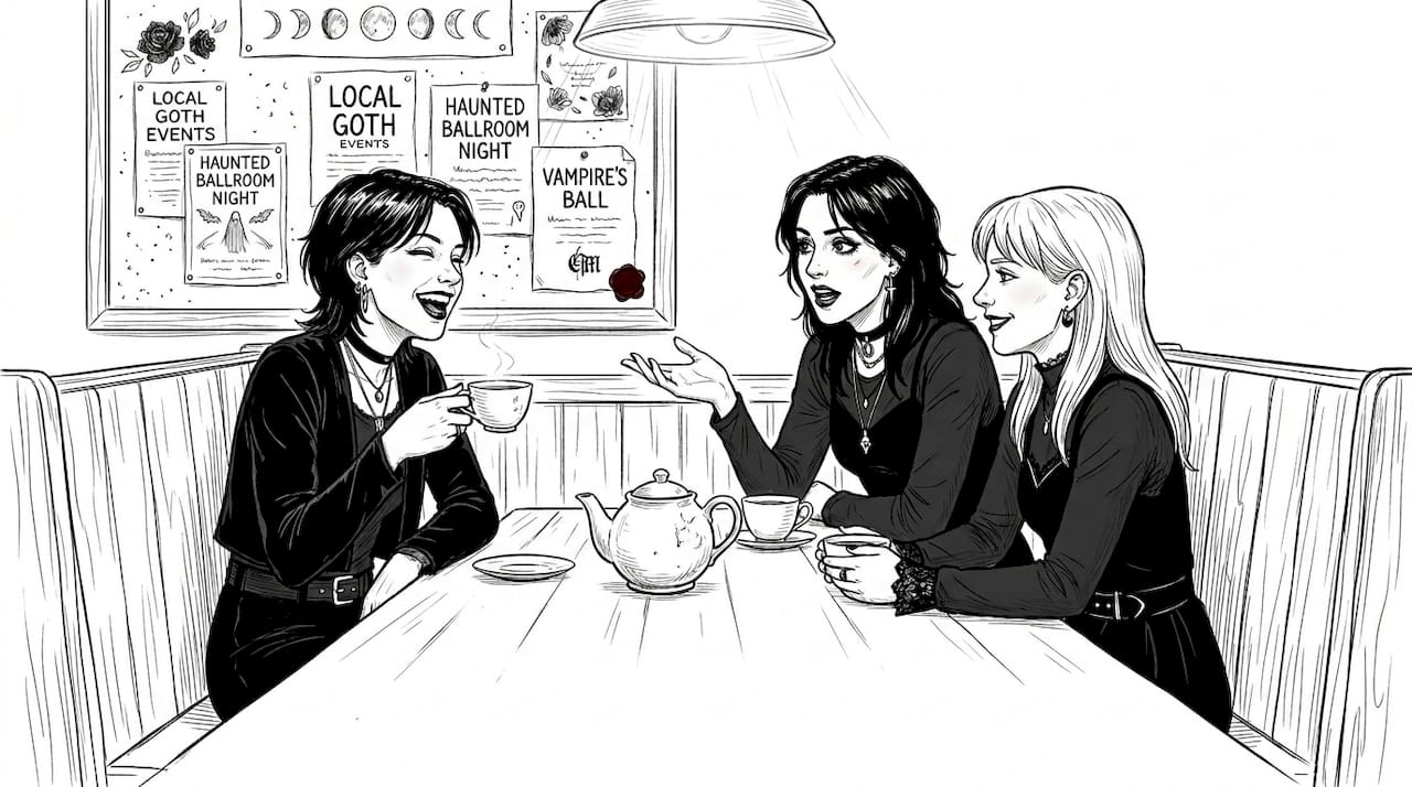 Friends discussing gothic events at café