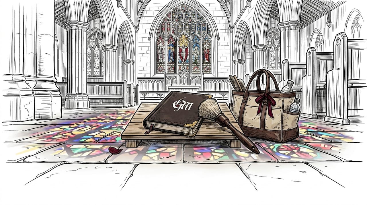 Worker dusting stained glass window in nave