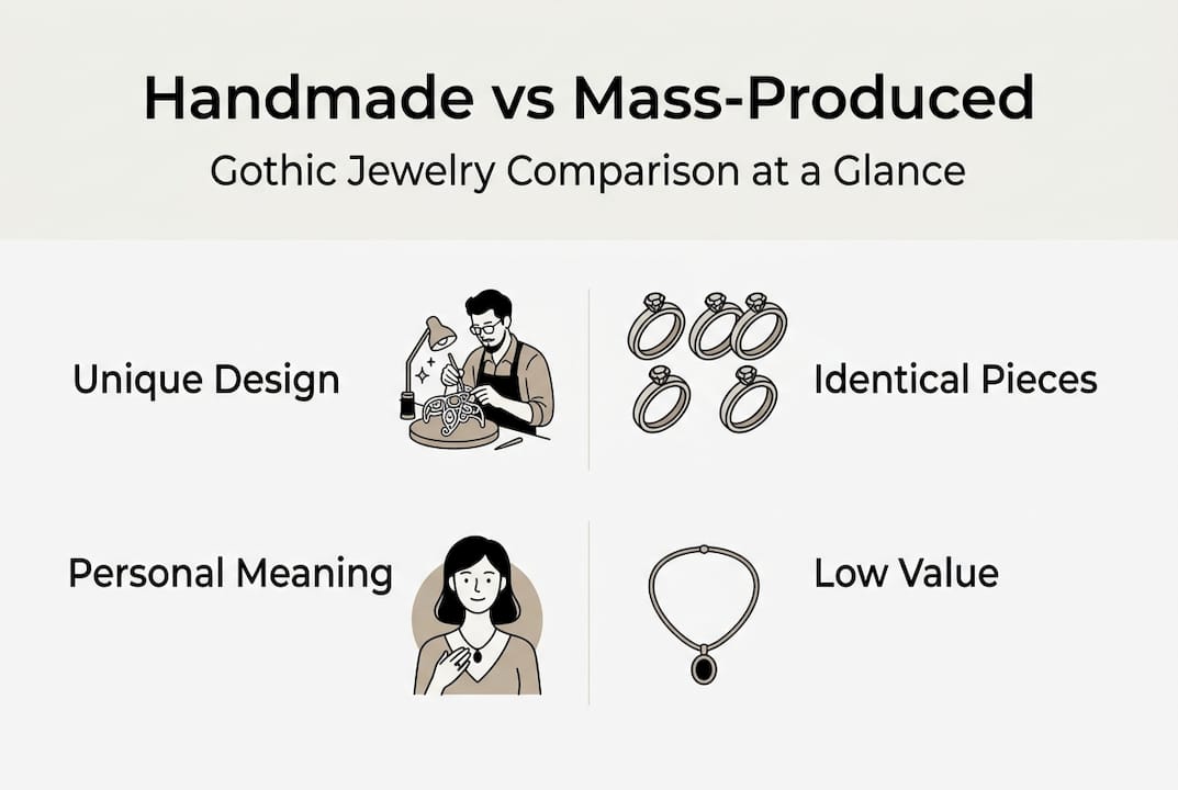 Infographic comparing handmade and mass-produced gothic jewelry