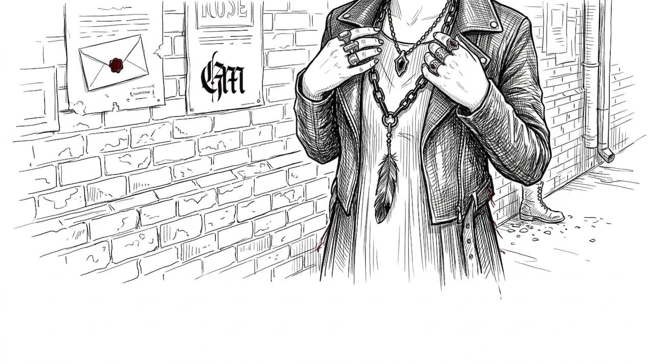 Person adjusting handmade gothic necklace downtown