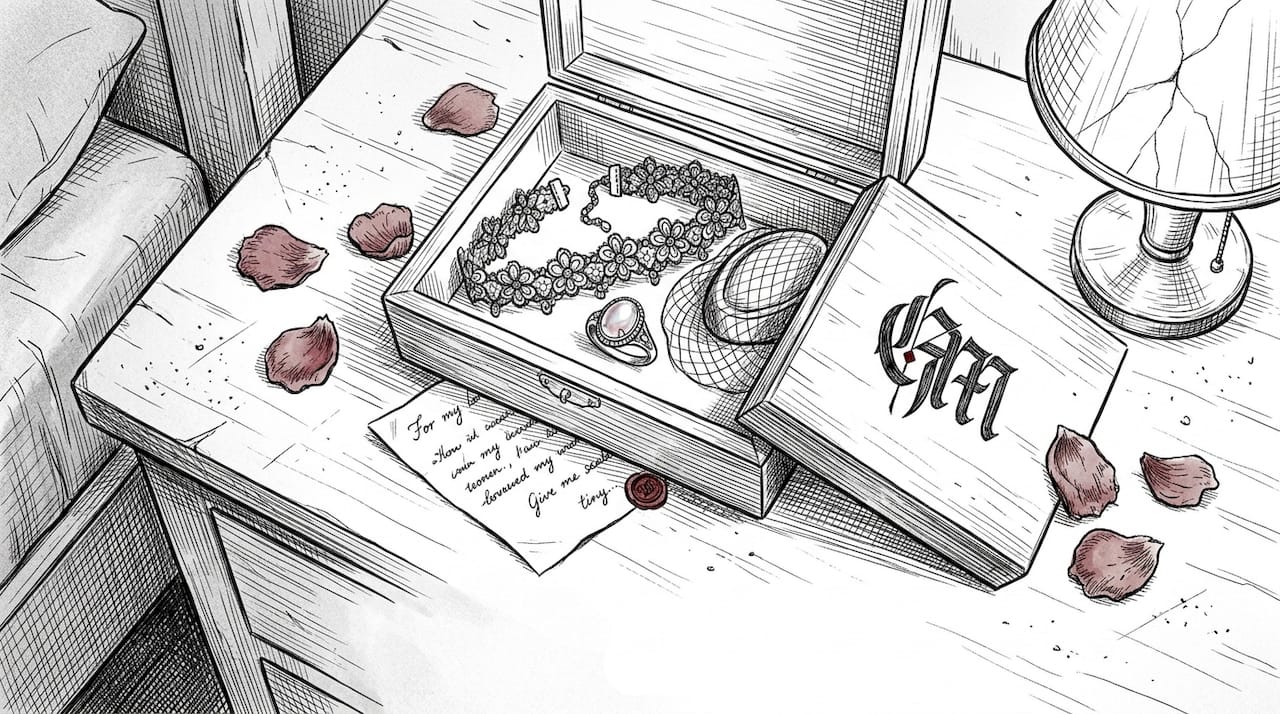 Close-up gothic accessories in open jewelry box