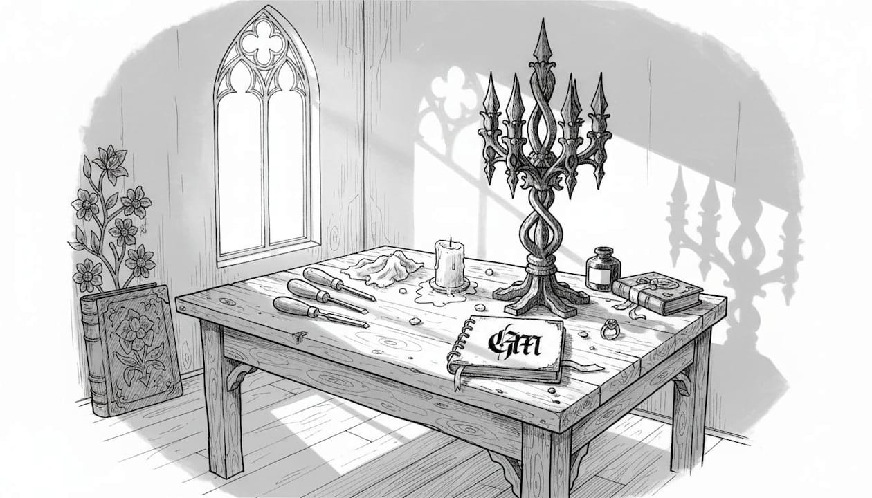 Craftsperson evaluates hand-carved gothic candelabra