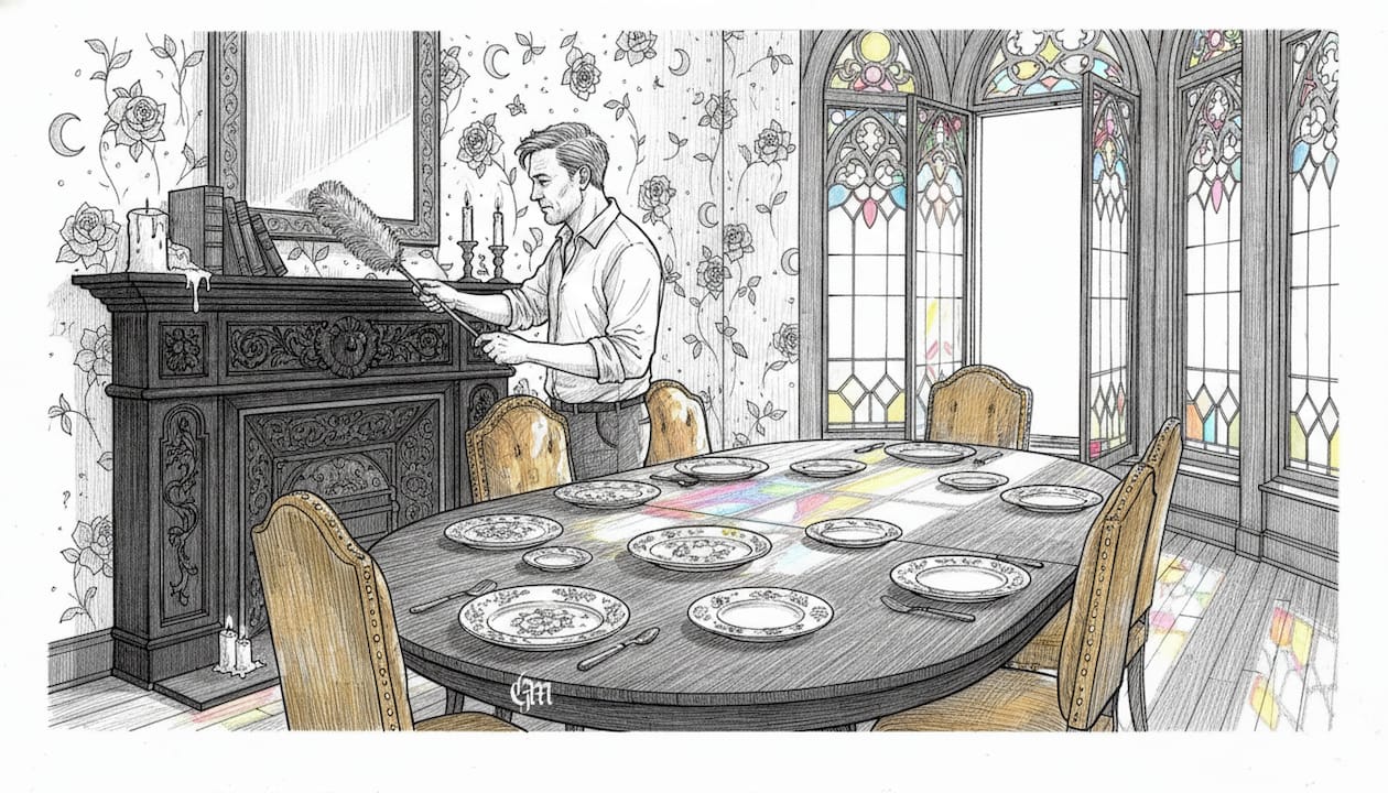 Dusting ornate mantel in Victorian gothic room