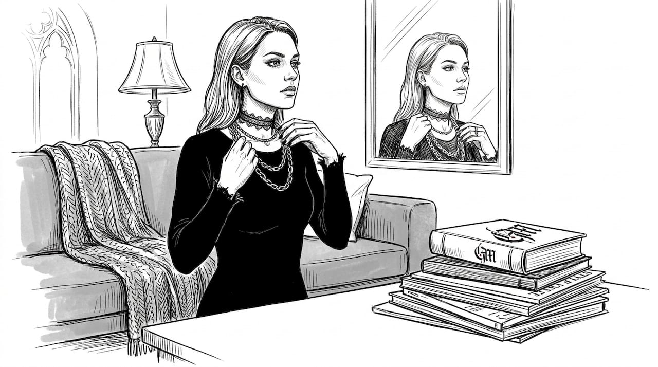 Woman layering gothic jewelry at home