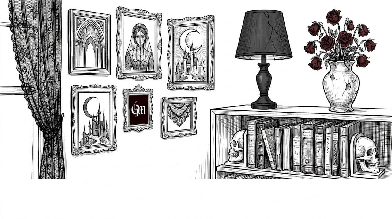 Framed gothic art and decor in living room