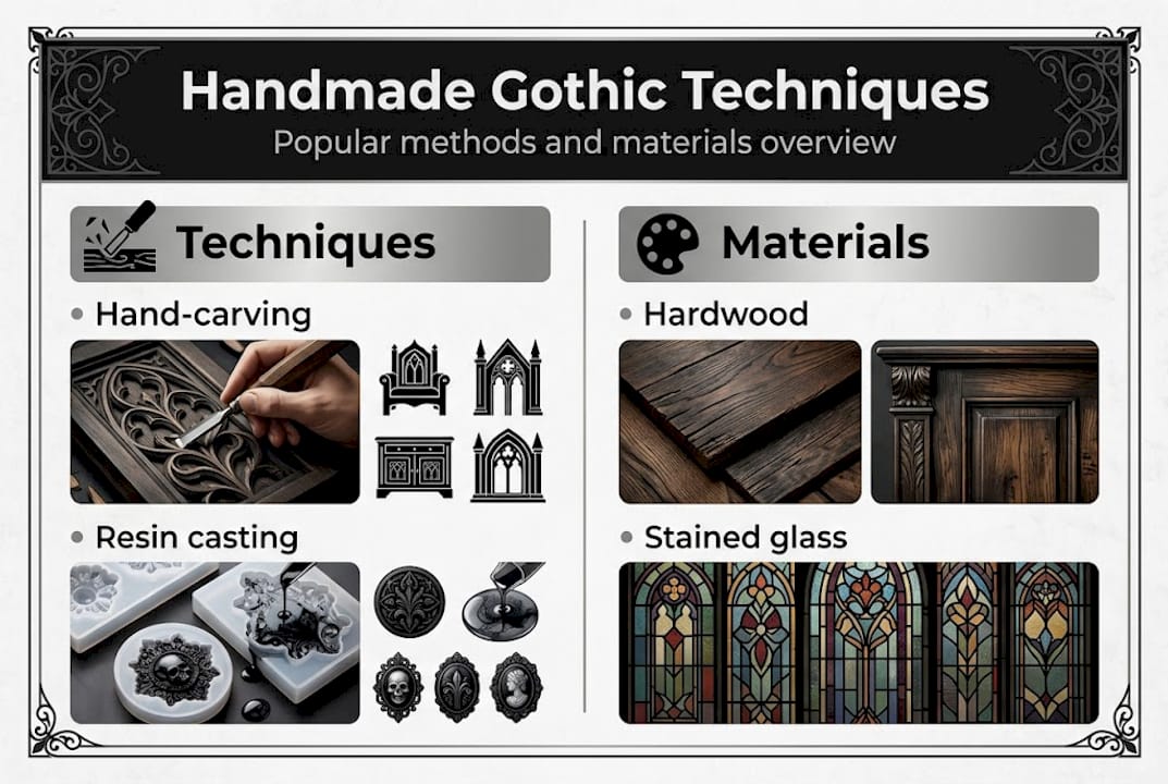 Infographic showing gothic decor techniques and materials