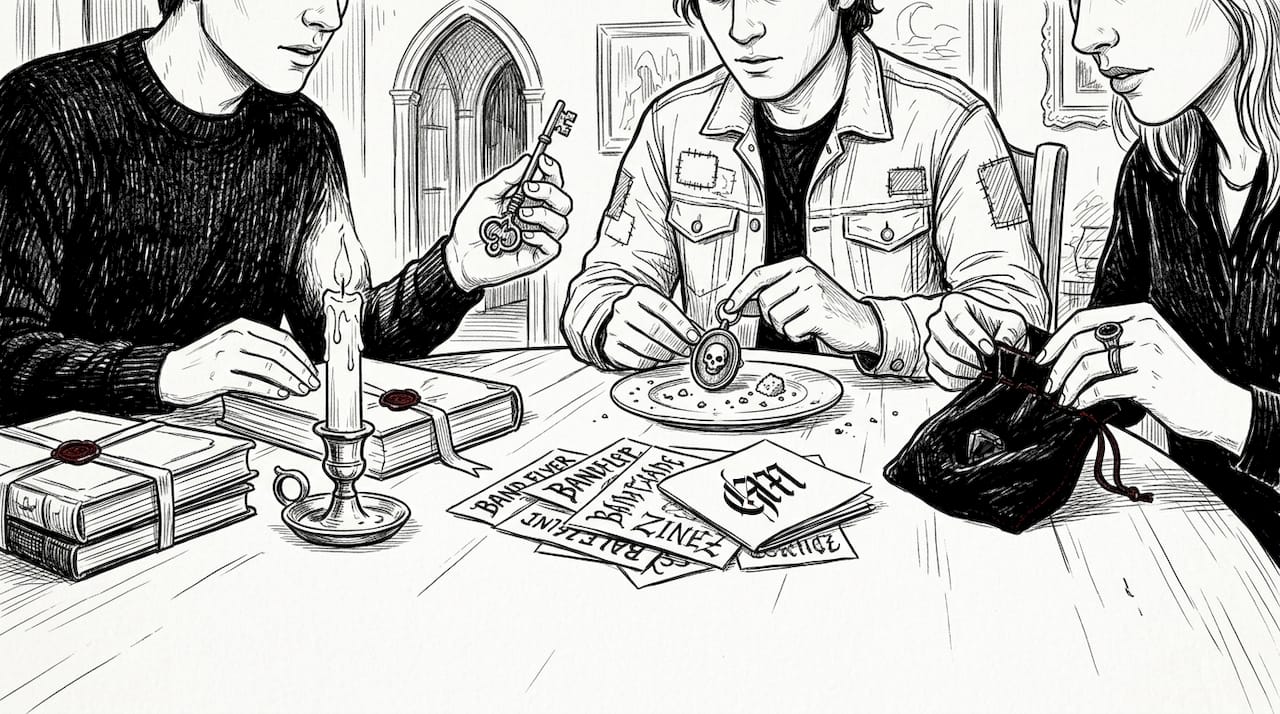 Friends sharing gothic collectibles at table