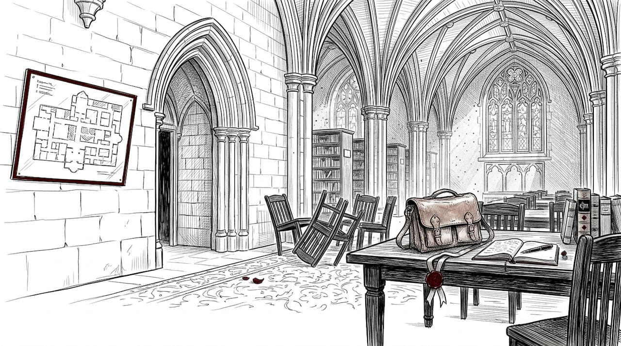 Gothic arches and tracery windows in library