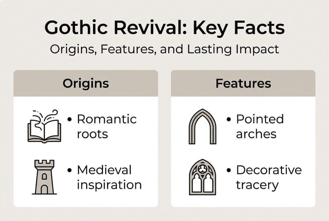Infographic outlining Gothic Revival origins and features