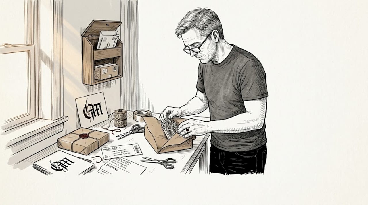Man packing handmade gothic sculpture for delivery