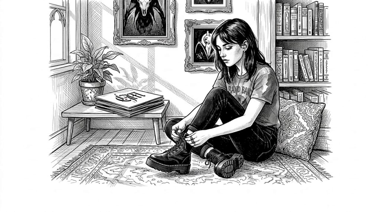 Goth woman lacing boots at home