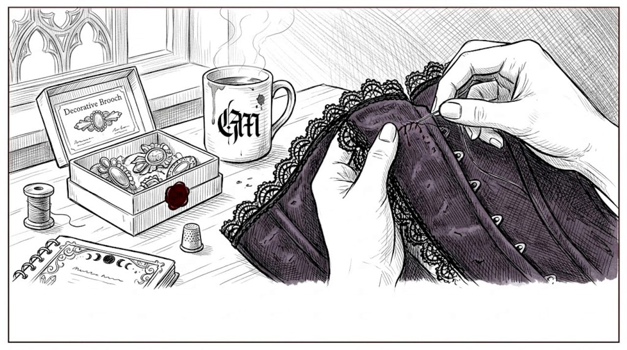 Hands sewing lace onto gothic corset