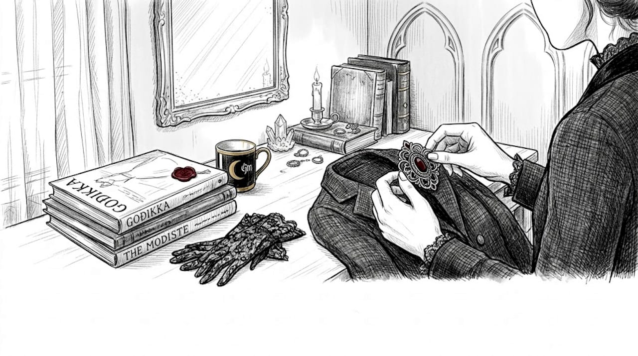 Person pinning gothic brooch at entryway table