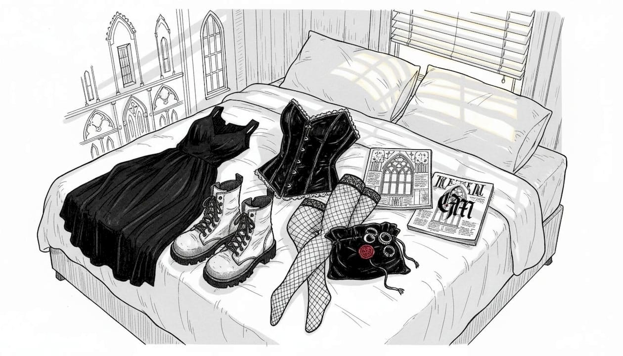 Core gothic clothing essentials arranged on bed