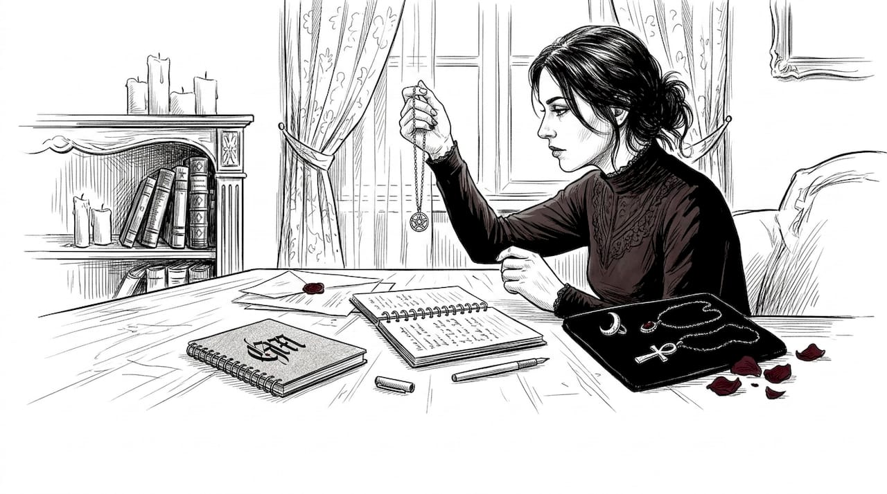 Woman evaluating symbolic gothic jewelry at table
