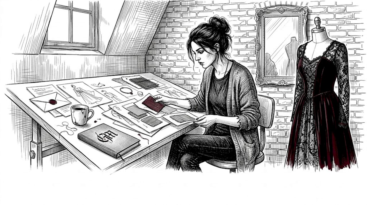 Goth designer working in cluttered studio