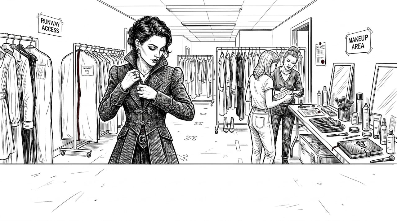 Model adjusting gothic coat backstage before runway show
