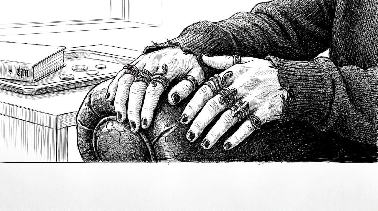 Close-up of hands with stacked gothic rings