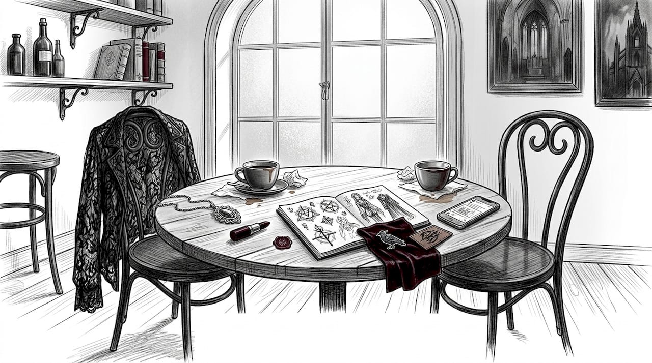 Gothic fans discuss merchandise in café setting
