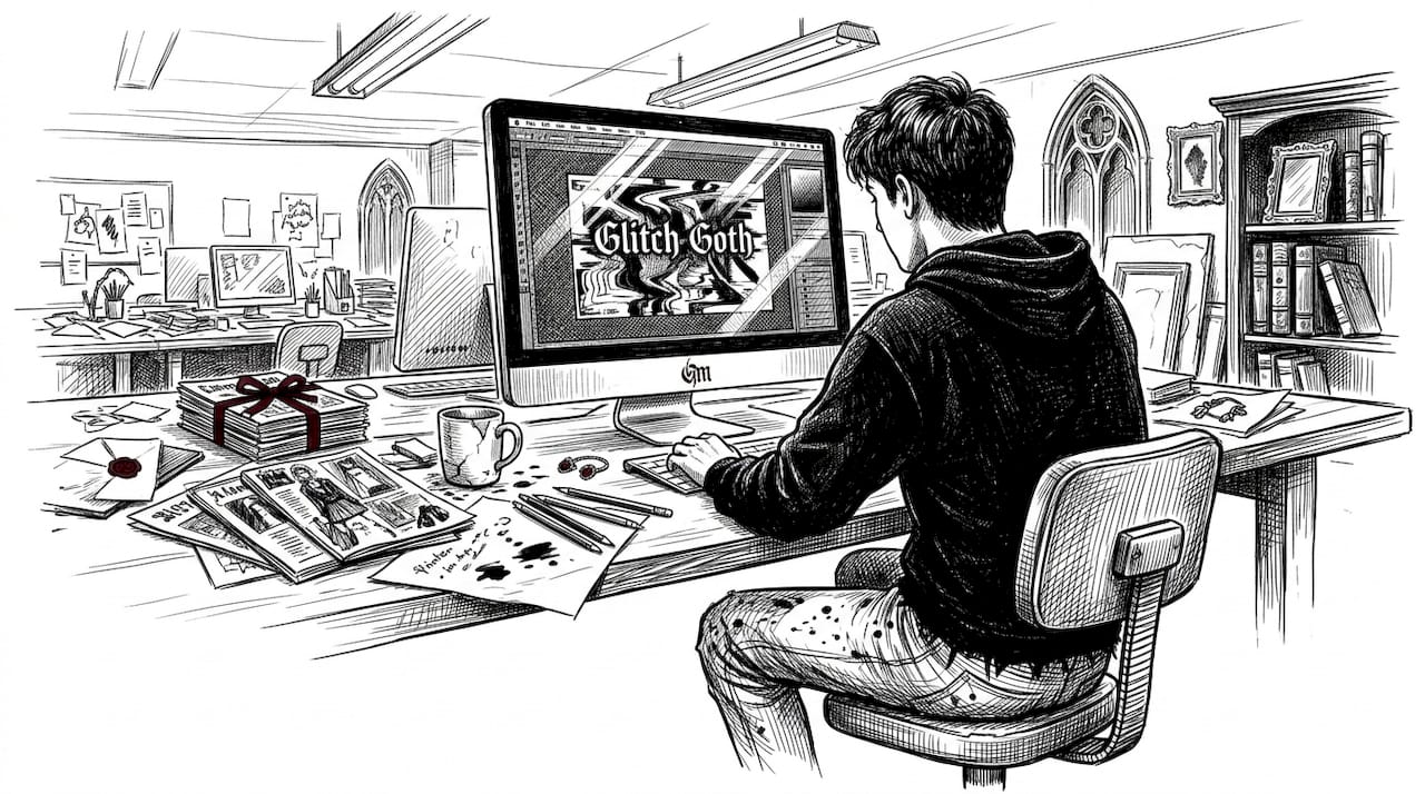 Designer creating glitch goth patterns at messy desk