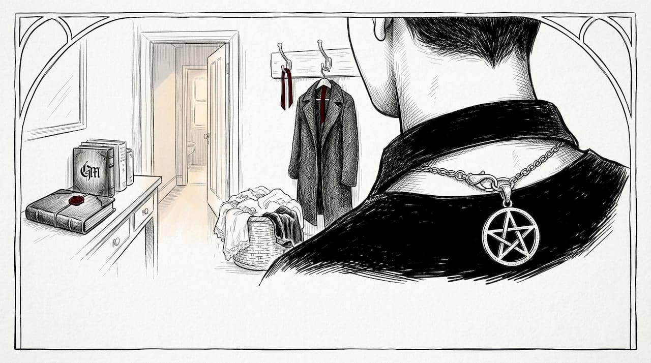 Hands fastening pentagram necklace in hallway