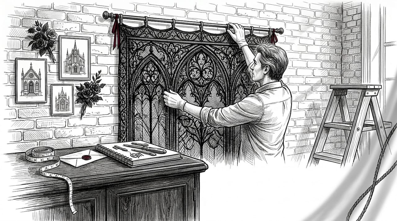 Person hanging gothic lace tapestry on wall