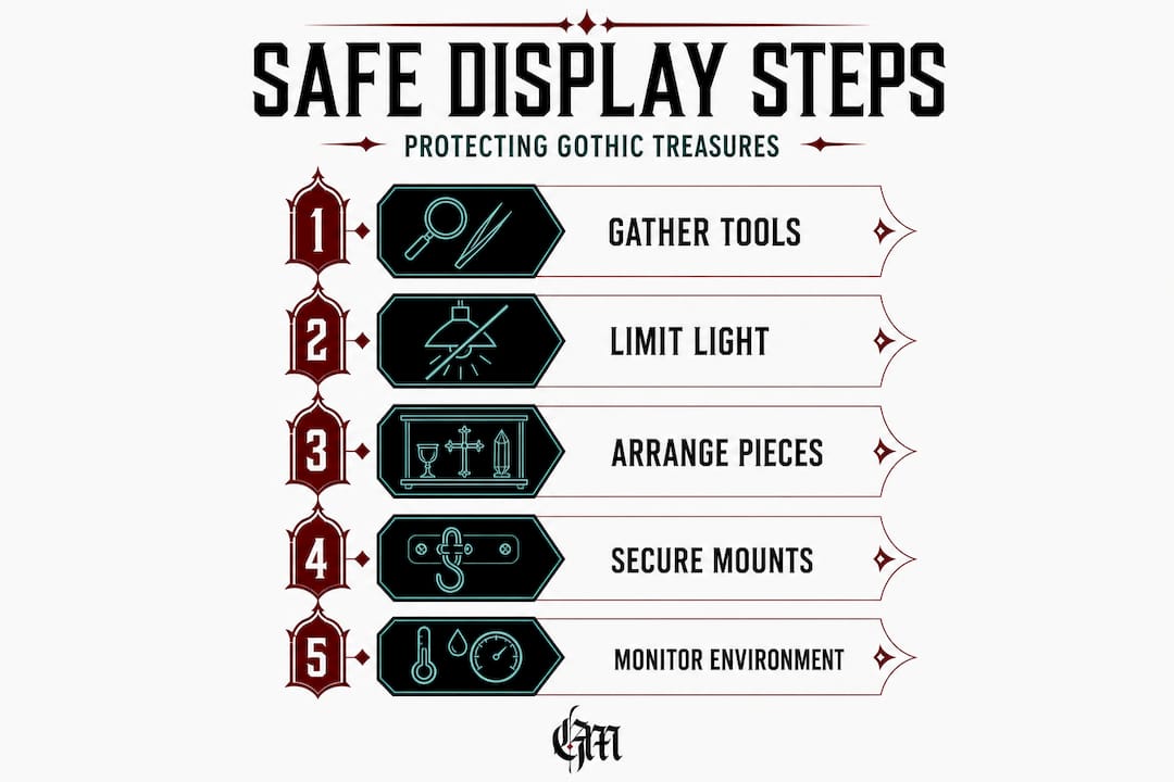 Infographic showing five steps to safely display gothic collectibles