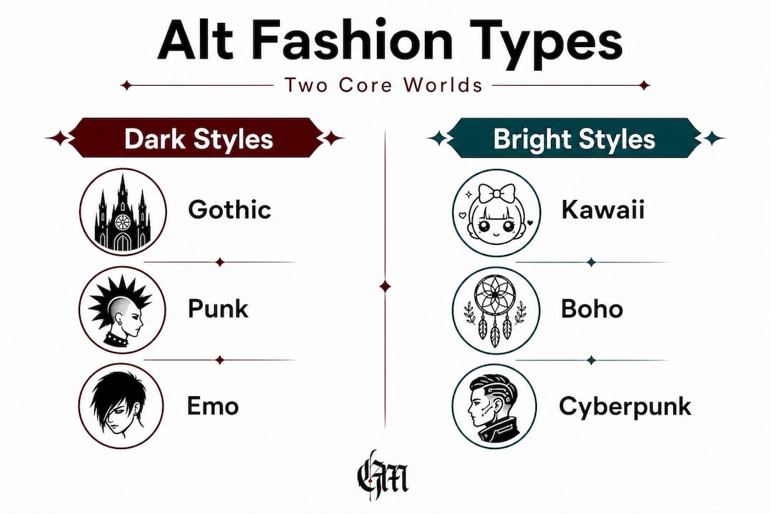 Infographic comparing major alternative fashion styles