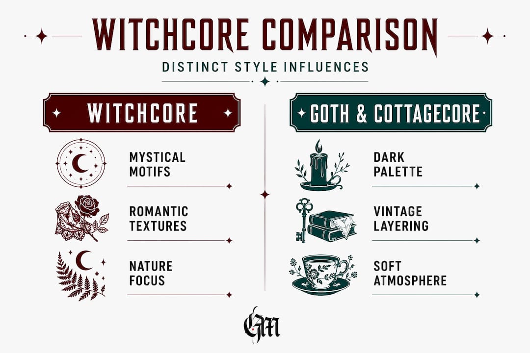 Infographic comparing witchcore with goth and cottagecore