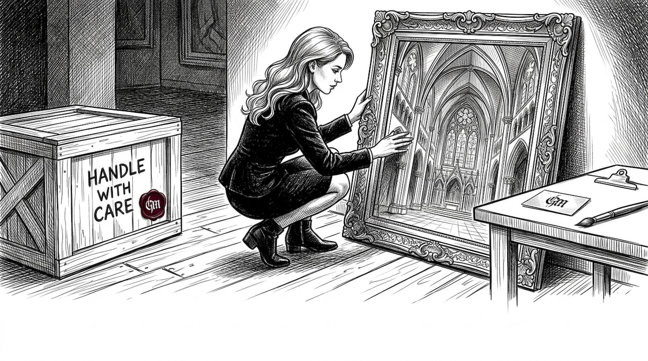 Gallery staff placing gothic painting on wall