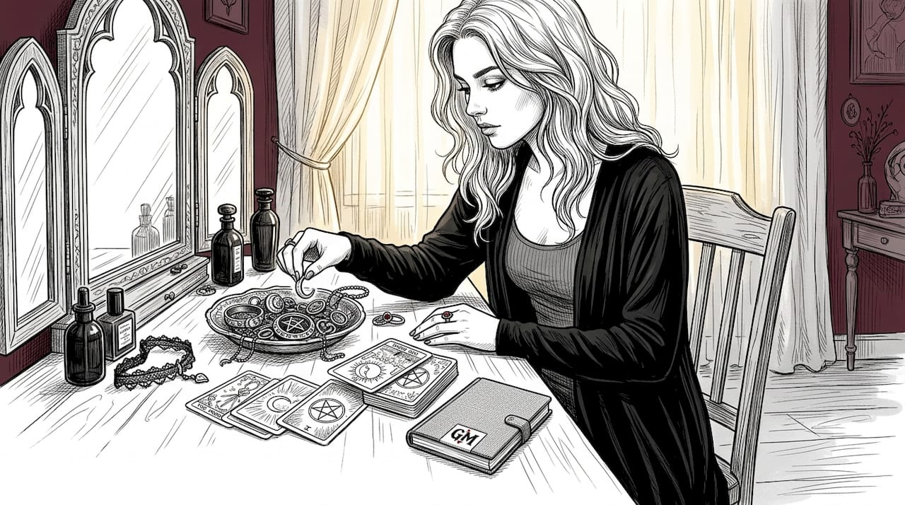 Person choosing gothic style jewelry at vanity