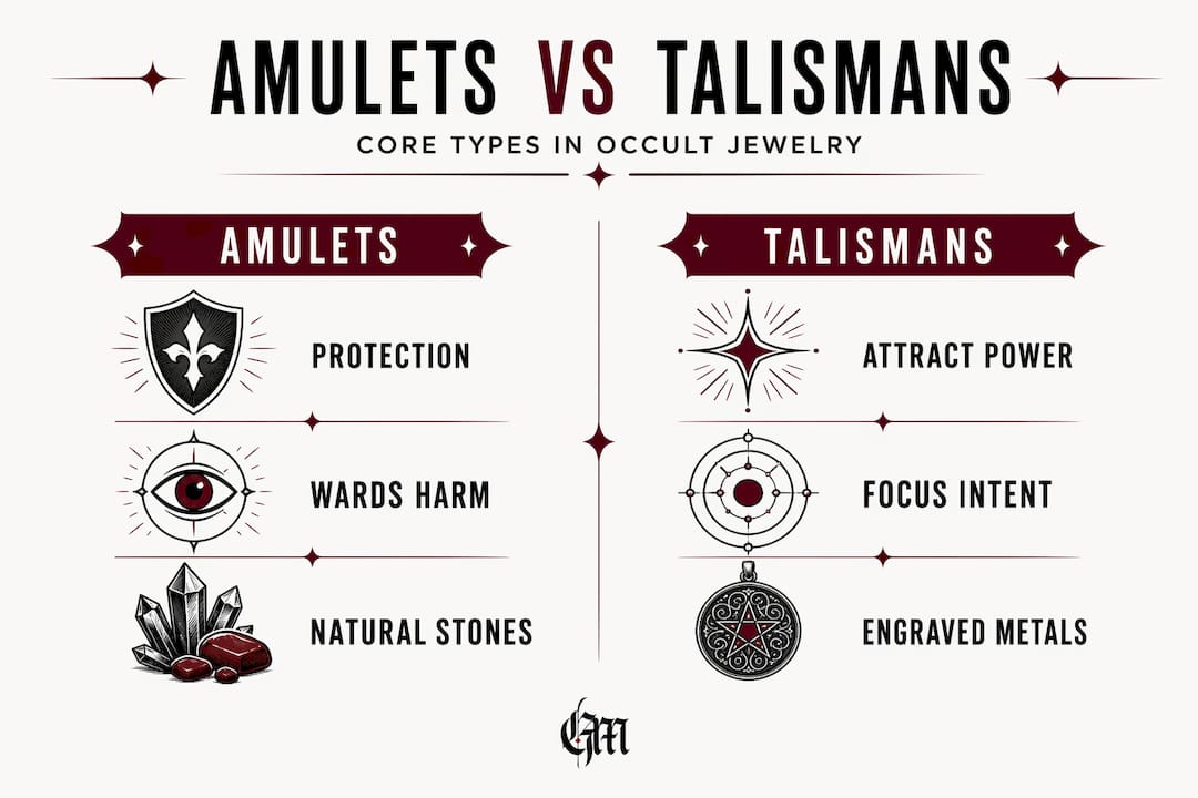 Infographic comparing amulets and talismans jewelry