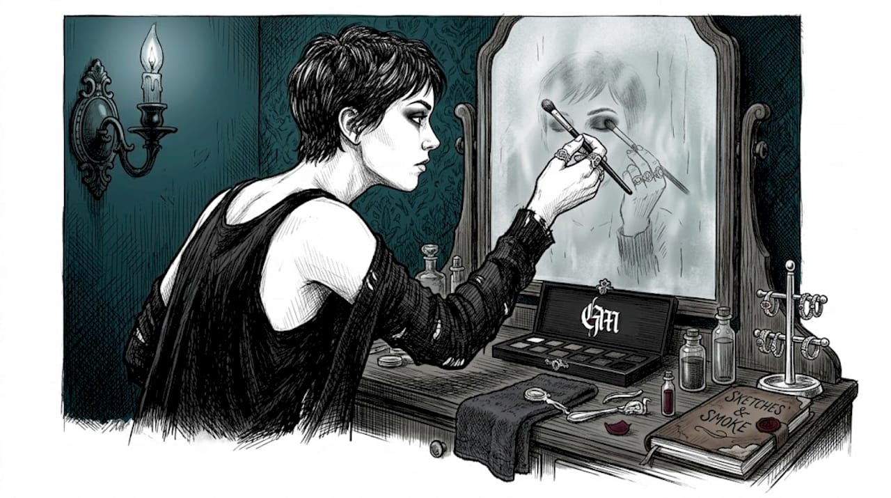 Applying smoky gothic eyeshadow in bathroom