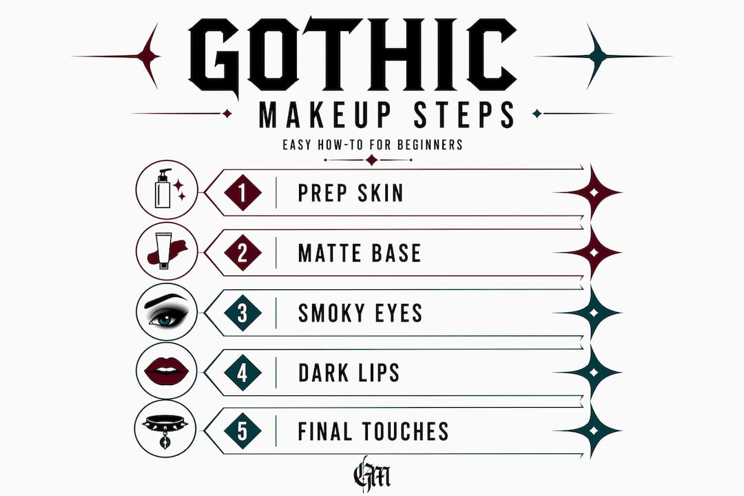 Infographic outlining five gothic makeup steps