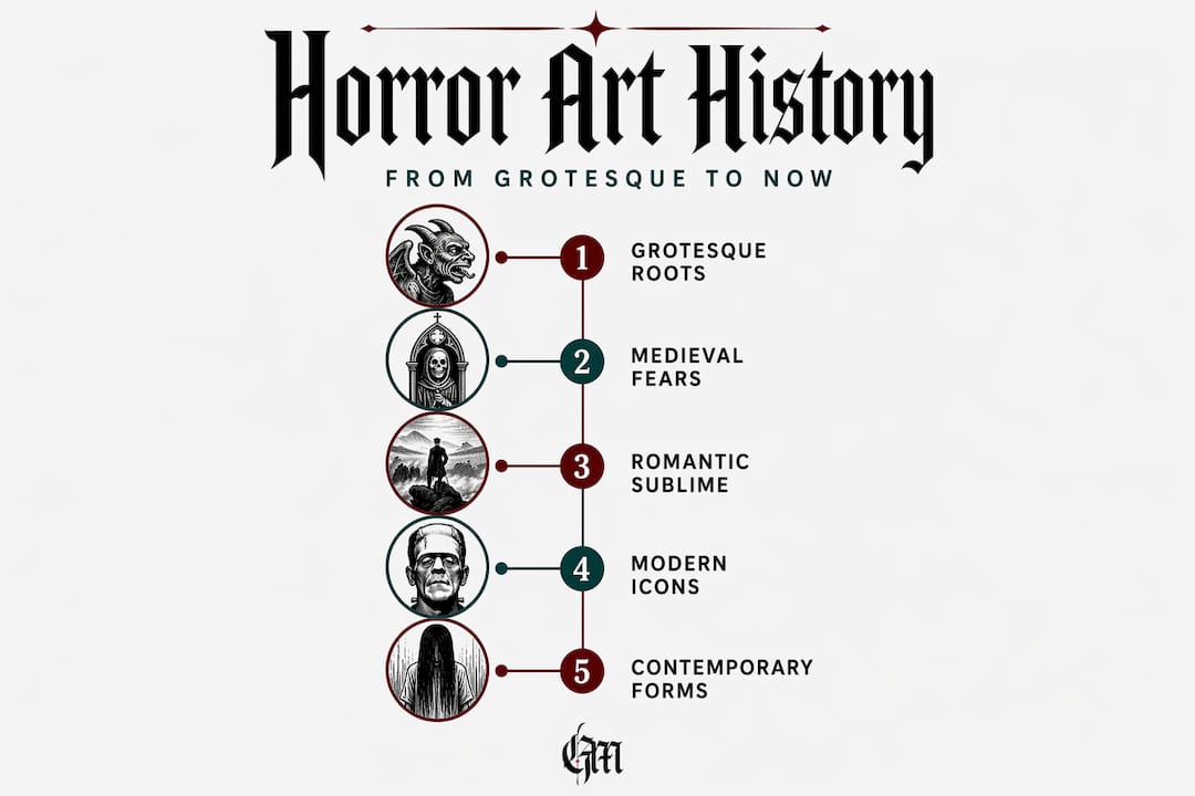 Infographic vertical timeline of horror art history