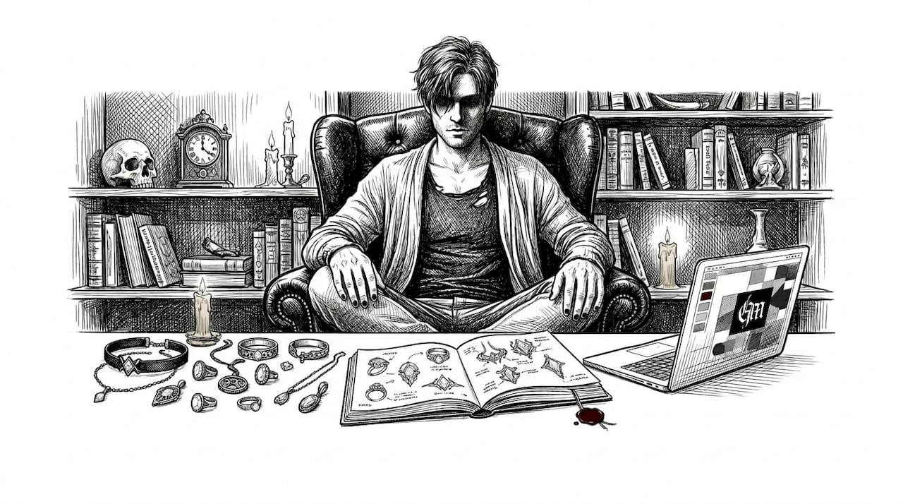 Designer planning goth jewelry line in living room