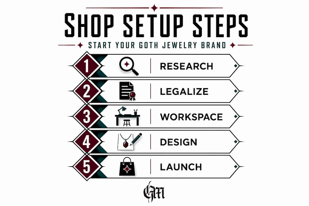 Infographic shows five steps to start goth jewelry shop