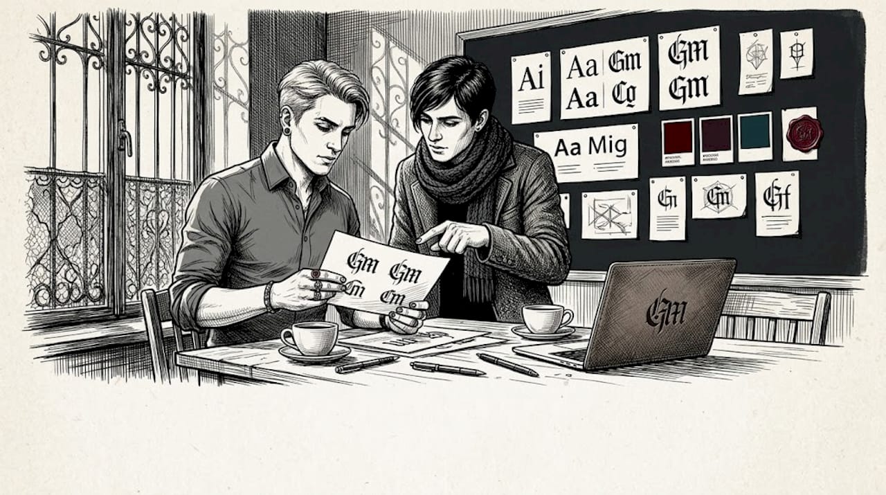 Colleagues discussing gothic branding materials