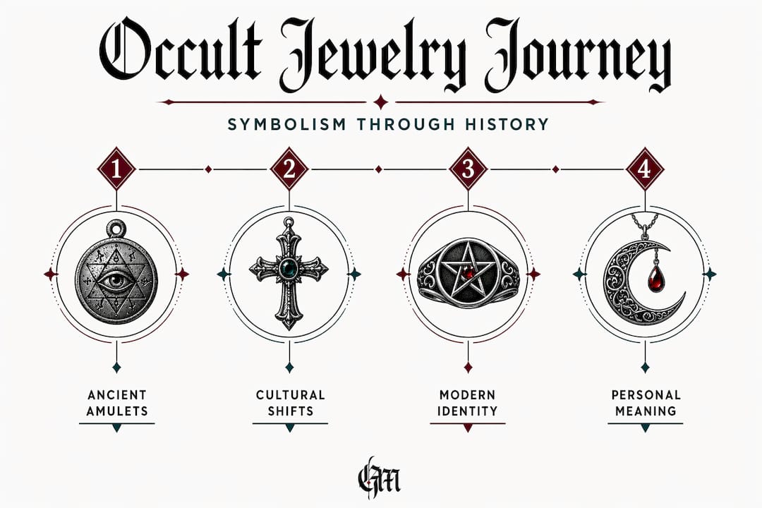 Occult jewelry evolution infographic with four steps