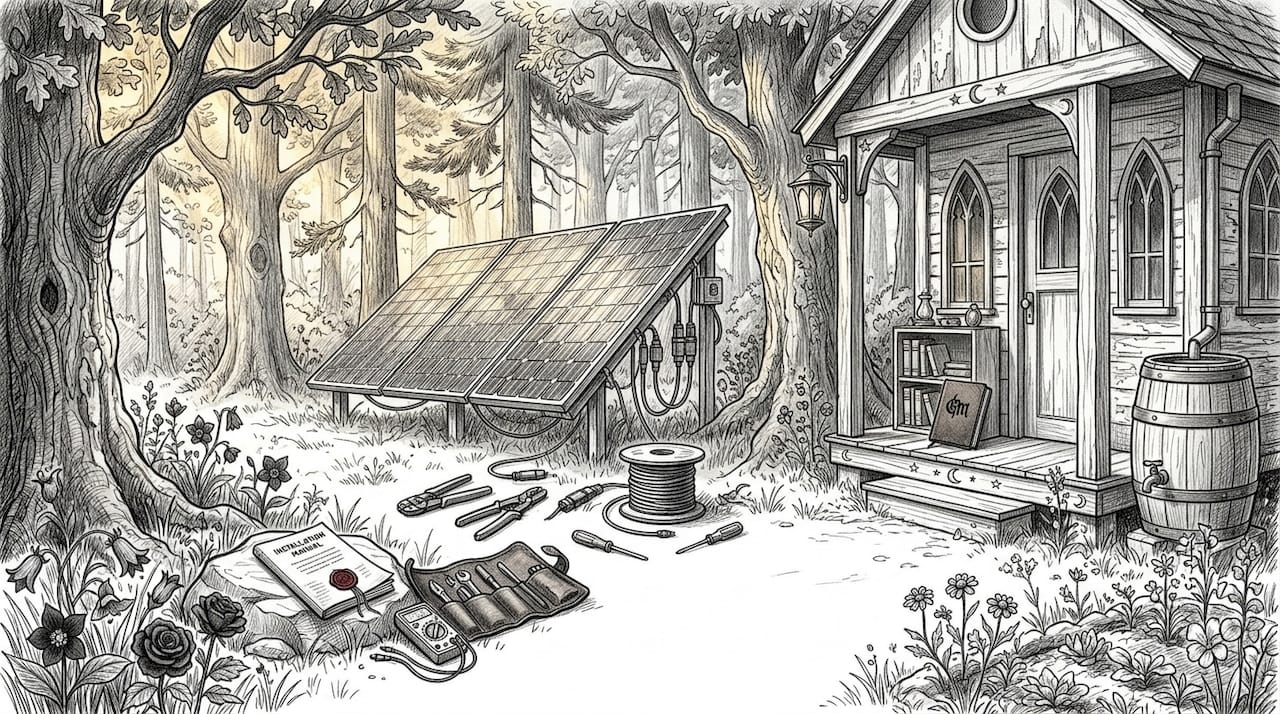Person working on solar panels at off-grid cabin