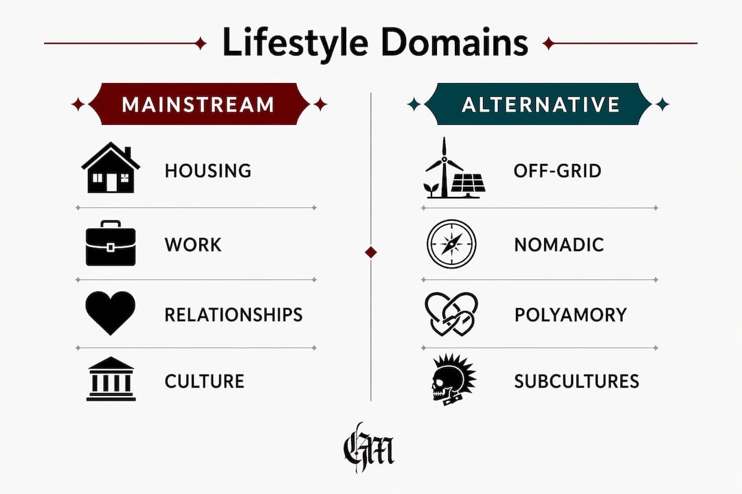 Infographic comparing mainstream and alternative lifestyle domains
