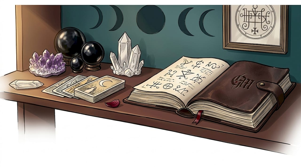 Shelf with occult crystals, tarot cards, and sigils